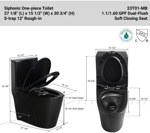 1.1/1.60 GPF Dual-Flush One Piece Toilet, Water-Saving Elongated Comfort Height Floor Mounted, Soft Close Seat, 1000 Gram Map Flushing Score Toilet, Matte Black 23T01-MB-1 (Black-1)