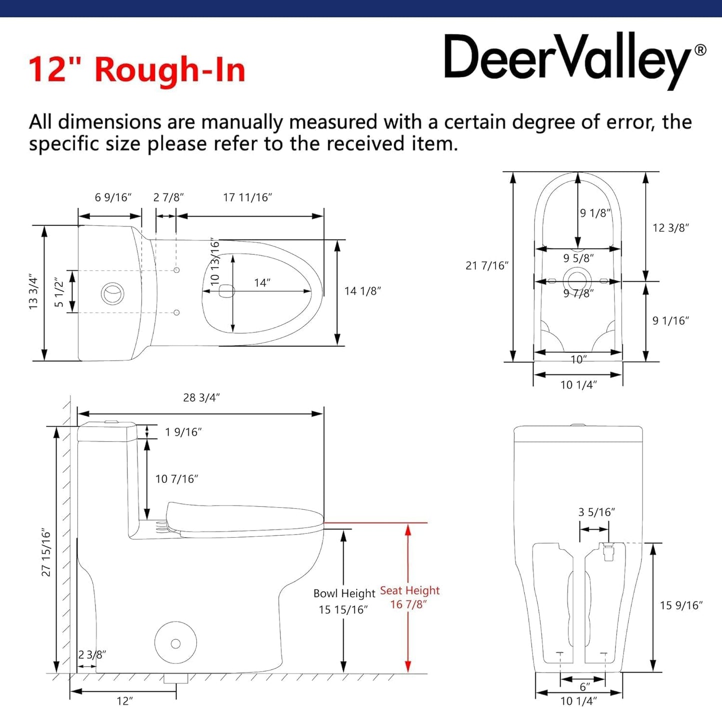Deer Valley One Piece Toilet, DV-1F026 Elongated Toilet with Powerful Dual Flush 0.8/1.28 GPF, Soft-Close Seat, Standard Height, Easy-Clean Skirted Design, 12" Rough-In