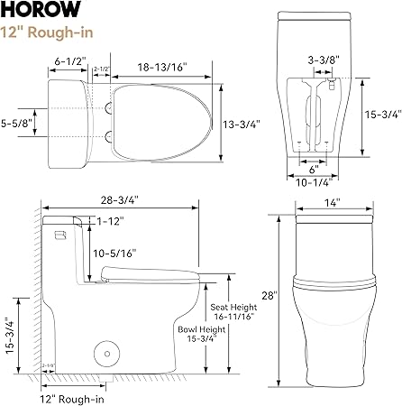 HOROW One-Piece Elongated Toilet, 1.28 GPF High Efficiency, Easy Cleaning Design, Left-Hand Flush Lever, Soft-Close Seat, Compact Modern Bathroom Toilet, 12'' Rough-In, White Ceramic Bowl
