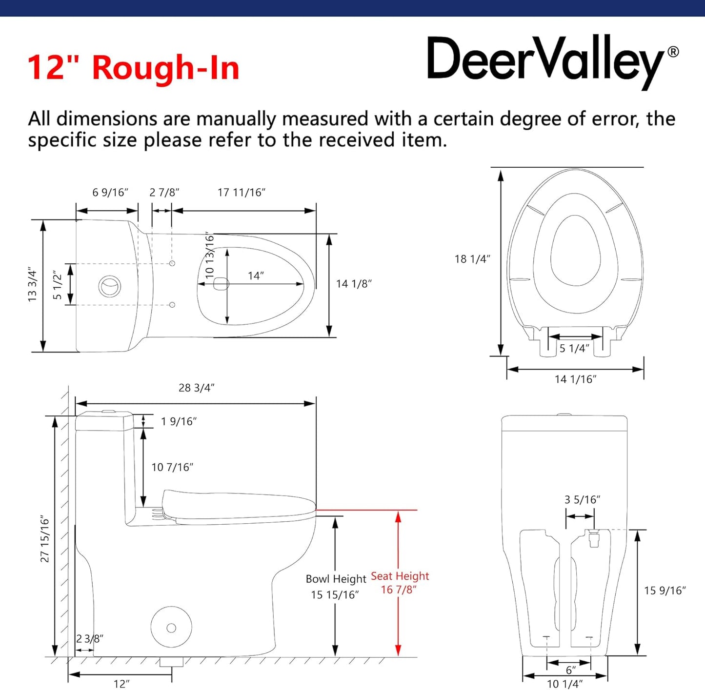 Deer Valley One Piece Toilet, DV-1F026 Elongated Toilet with Powerful Dual Flush 0.8/1.28 GPF, Soft-Close Seat, Standard Height, Easy-Clean Skirted Design, 12" Rough-In