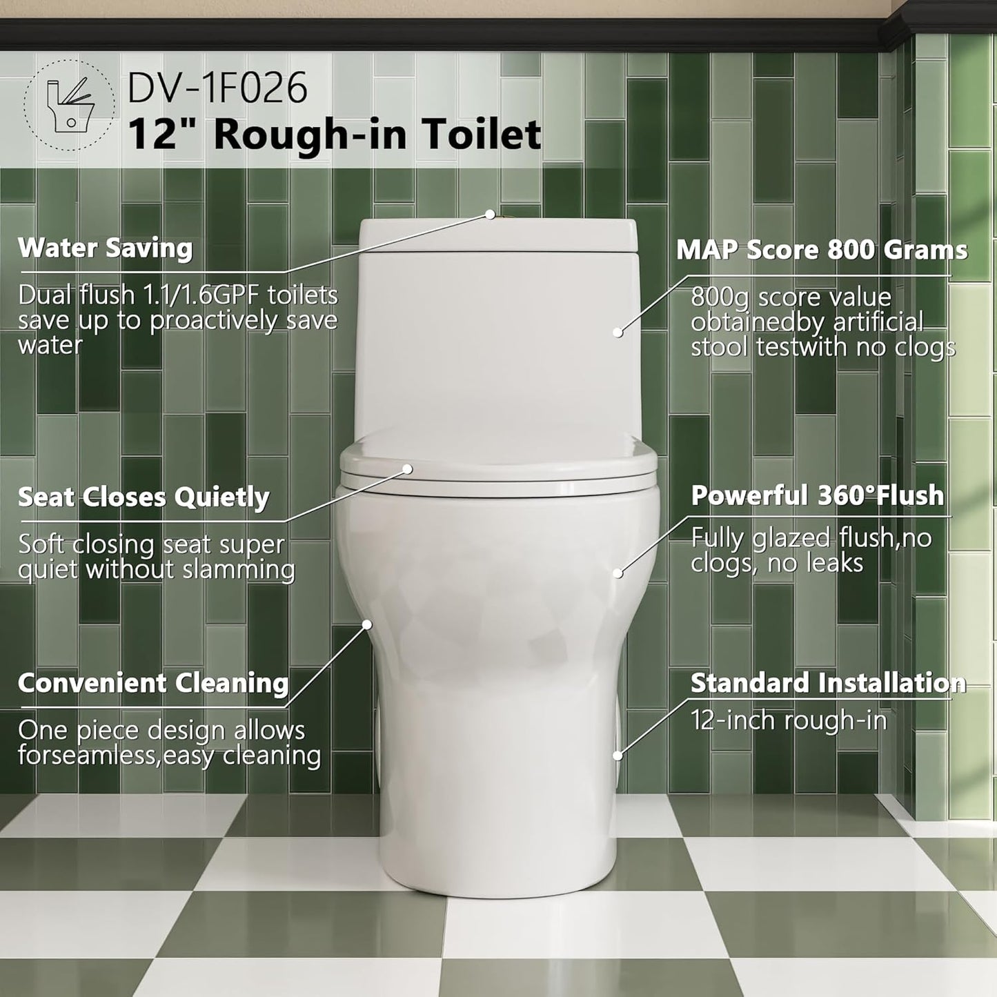 Deer Valley One Piece Toilet, DV-1F026 Elongated Toilet with Powerful Dual Flush 0.8/1.28 GPF, Soft-Close Seat, Standard Height, Easy-Clean Skirted Design, 12" Rough-In