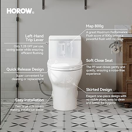 HOROW One-Piece Elongated Toilet, 1.28 GPF High Efficiency, Easy Cleaning Design, Left-Hand Flush Lever, Soft-Close Seat, Compact Modern Bathroom Toilet, 12'' Rough-In, White Ceramic Bowl