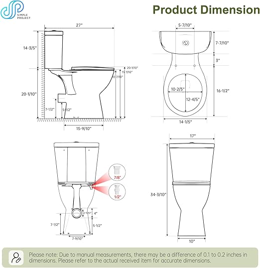 Simple Project Rear Discharge Toilet with 19 Inch Tall Toilet Bowl, Rear Outlet Toilet - Powerful & Quiet Dual Flush 1.28GPF High Toilets for Seniors, Includes Extension Pipe