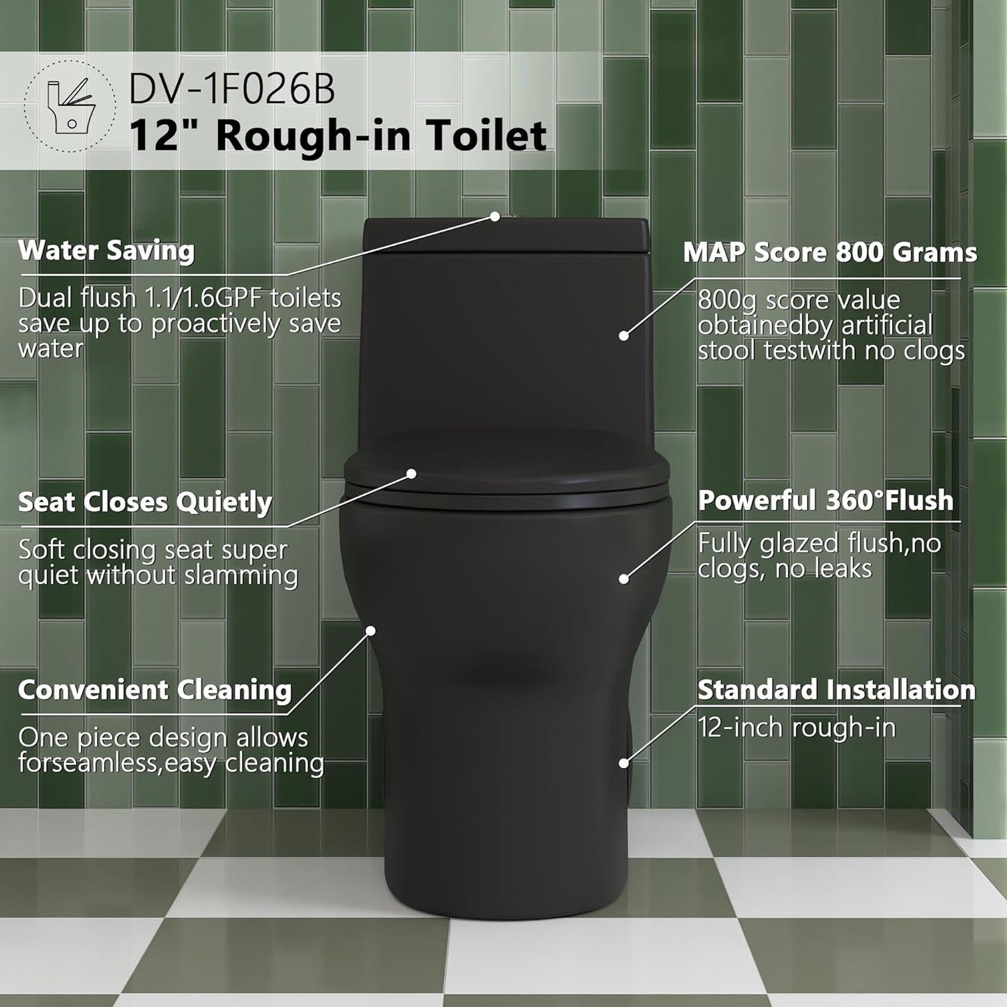 Deer Valley One Piece Toilet, DV-1F026 Elongated Toilet with Powerful Dual Flush 0.8/1.28 GPF, Soft-Close Seat, Standard Height, Easy-Clean Skirted Design, 12" Rough-In